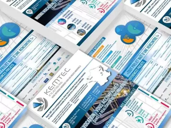 agence création flyers publicitaires, DU SIROP design : leaflet plaquette recto verso au format A4, design print pour cabinet d'études Kemtec Ingénierie