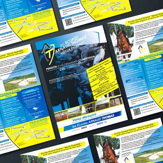Création flyer A5, agence DU SIROP design : équitation, écuries Arnaud Thomas