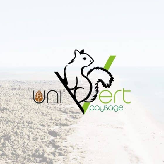 logo paysagiste uni'vert paysage avec une pomme de pin et un écureuil
