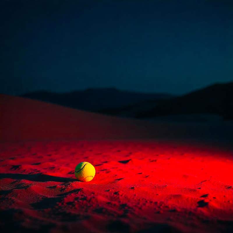 ia et image de marque, agence DU SIROP design : visuel généré par ia balle tennis sur sable rouge
