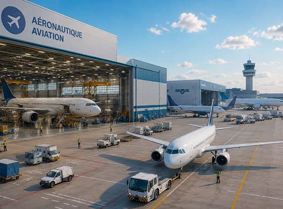 Illustration de sécurité aéronautique avec avions de maintenance et hangar industriel