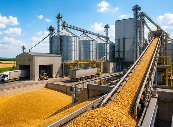 Illustration sécurité industrie agroalimentaire céréalière avec silos et logistique