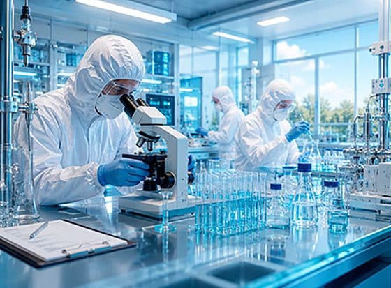 Illustration de sécurité en industrie de chimie fine avec laboratoire industriel et équipements techniques