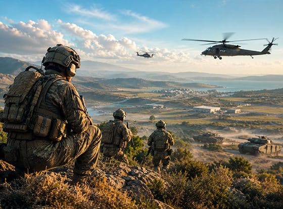 Illustration sécurité défense avec soldats en intervention sur terrain militaire et équipements tactiques
