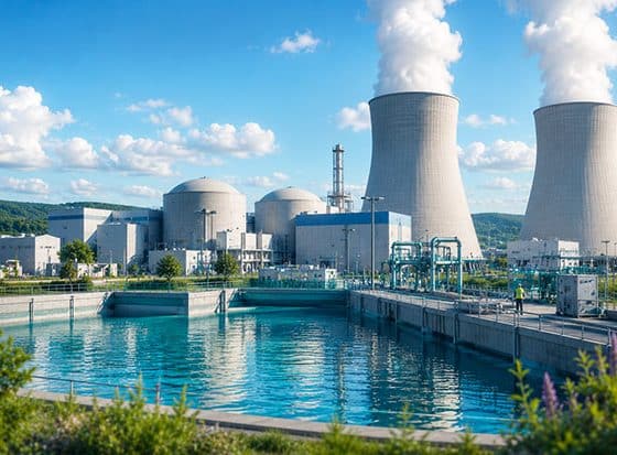 Illustration de sécurité industrielle pour centrale nucléaire avec réacteurs et bassin de refroidissement