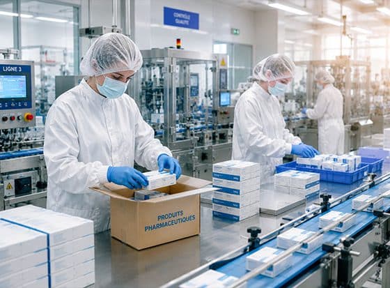 Illustration sécurité industrie pharmaceutique avec laboratoire, scientifiques et équipements de recherche