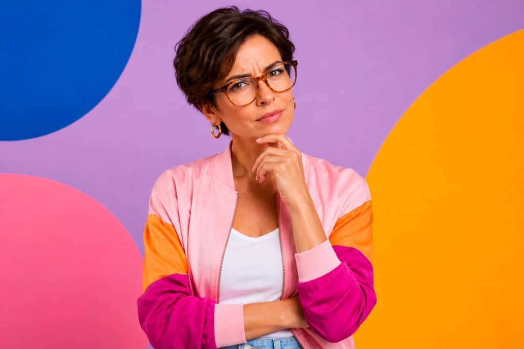 Comment fonctionne l’IA générative pour les images ? femme quadragénaire aux cheveux courts avec lunettes design et expression dubitative sur fond pastel pop coloré pour illustrer l’IA générative image