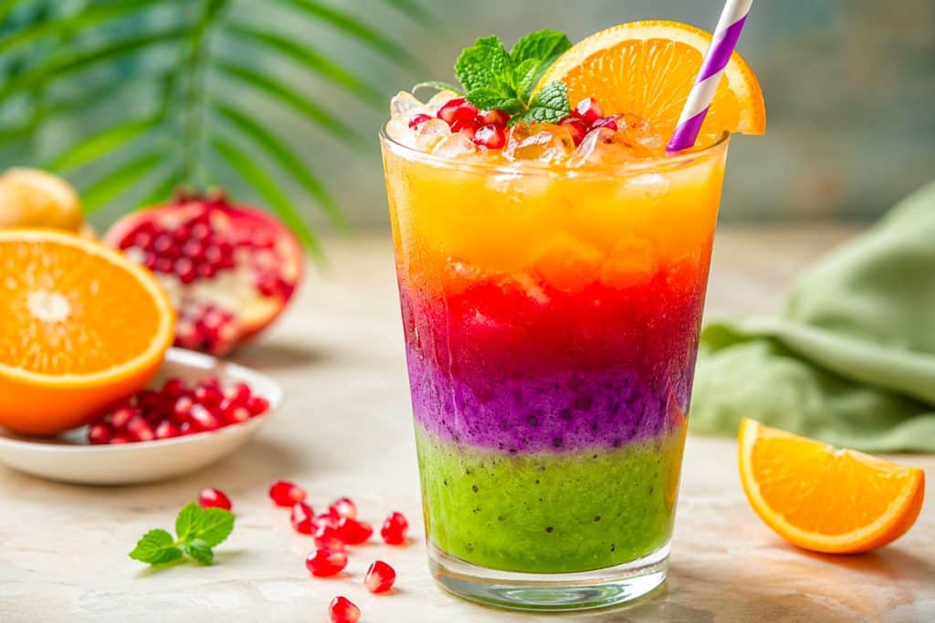 Coktail des tendances en design graphique et L'IA en 2026. Un cocktail sans alcool, très coloré, avec des contrastes orange, rouge, violet et vert.