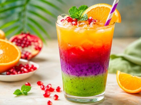 Coktail des tendances en design graphique et L'IA en 2026. Un cocktail sans alcool, très coloré, avec des contrastes orange, rouge, violet et vert.
