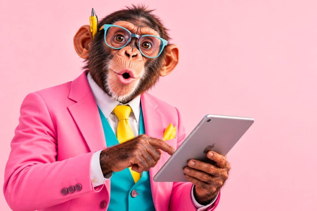Chimpanzé en costume rose utilisant une tablette, illustration de l’IA générative appliquée à l’image de marque