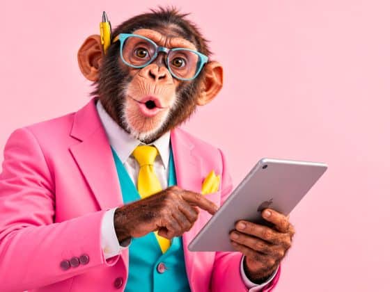 Chimpanzé en costume rose utilisant une tablette, illustration de l’IA générative appliquée à l’image de marque
