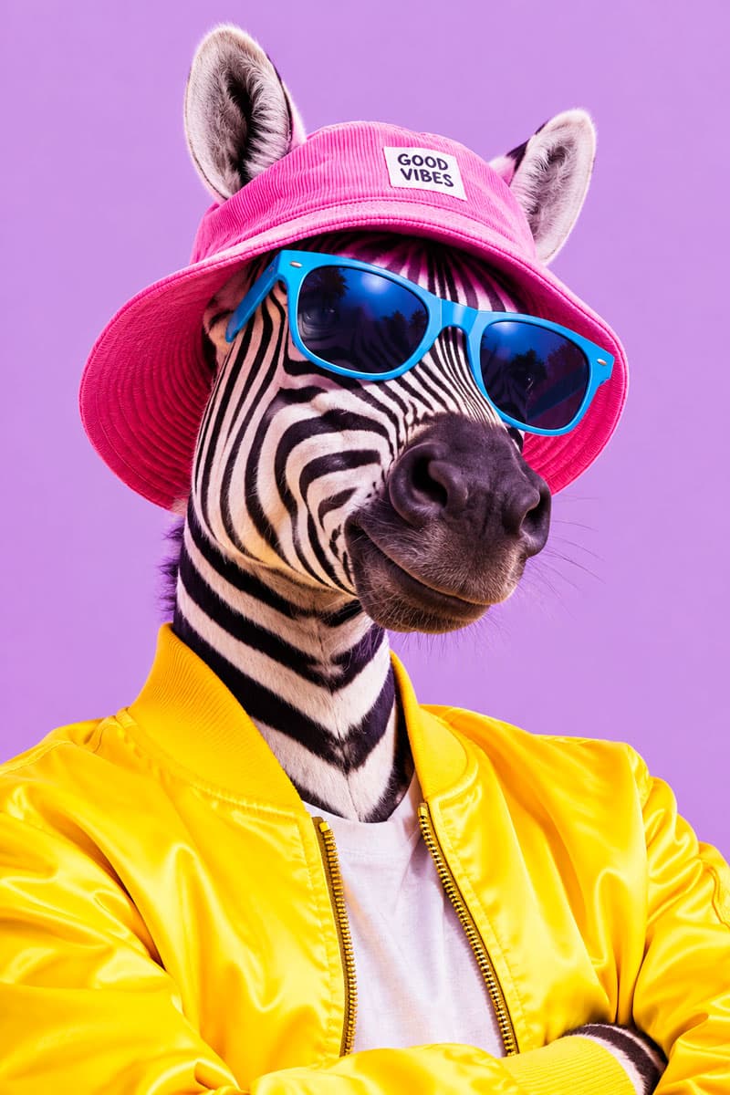 zebre fun avec un bob rose, des lunetttes solaires bleues type ray ban classique, un bombers jaune illustrant la page image de marque entreprises de l'agence DU SIROP design