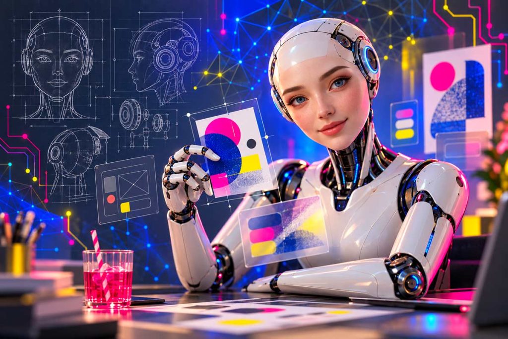 Agent graphique IA humanoïde créant un visuel aux couleurs DU SIROP, devant un fond high-tech et des croquis de prototype en filigrane