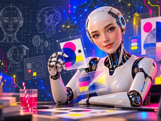 Agent graphique IA humanoïde créant un visuel aux couleurs DU SIROP, devant un fond high-tech et des croquis de prototype en filigrane