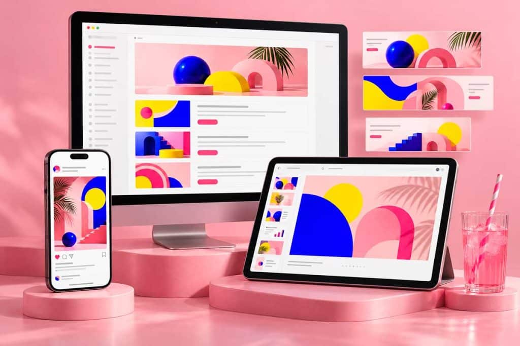 Mobile, tablette et ordinateur présentant des posts, slides, newsletters et bannières aux couleurs DU SIROP sur fond rose pastel.