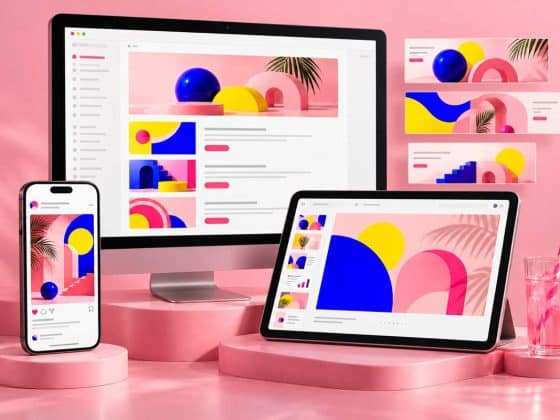 Mobile, tablette et ordinateur présentant des posts, slides, newsletters et bannières aux couleurs DU SIROP sur fond rose pastel.