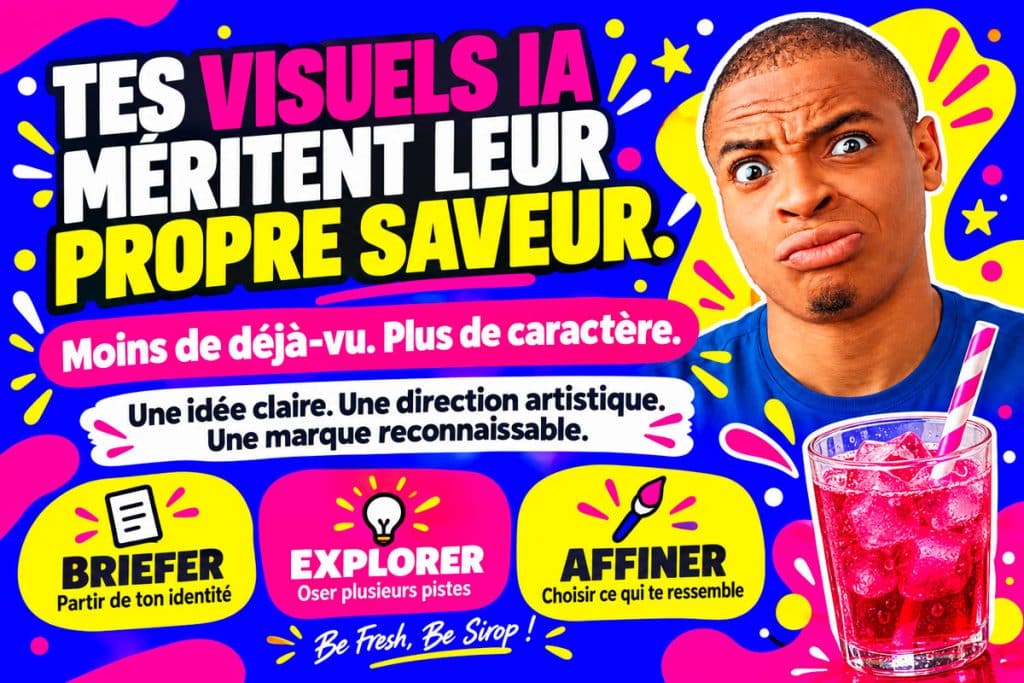 Visuel pop DU SIROP sur la personnalisation des images IA, avec un homme à l’expression sceptique et un verre de sirop rose.