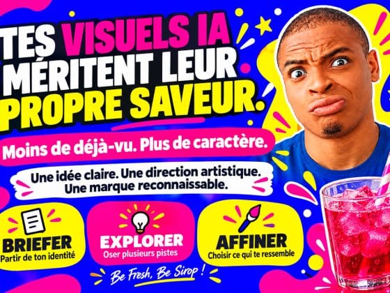 Visuel pop DU SIROP sur la personnalisation des images IA, avec un homme à l’expression sceptique et un verre de sirop rose.